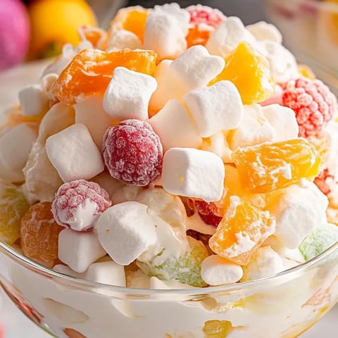 A bowl of fruit salad with marshmallows on top.