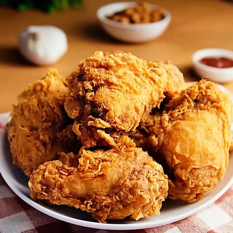 A plate of fried chicken with a bowl of seasoning next to it.