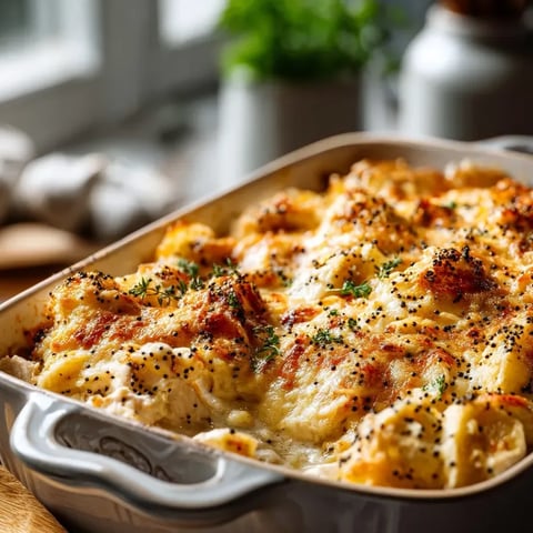 A casserole dish filled with chicken and poppy seeds.