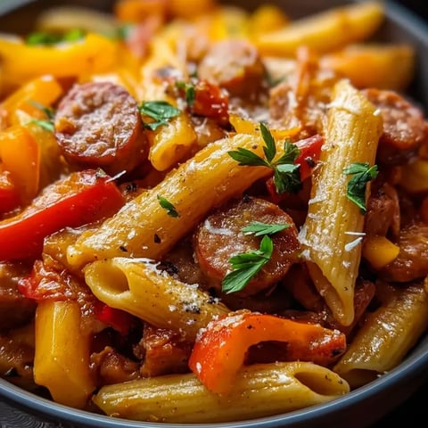 A bowl of pasta with sausage and peppers.