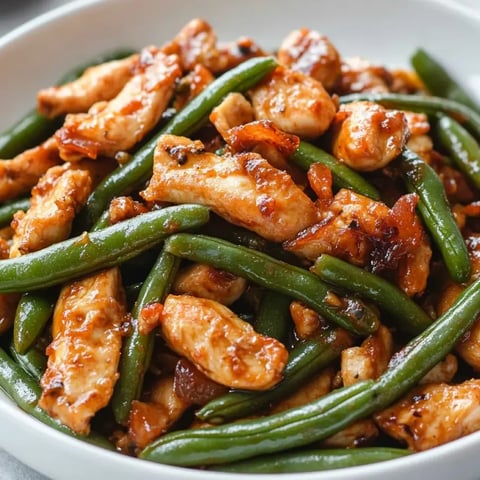 A plate of chicken with green beans.