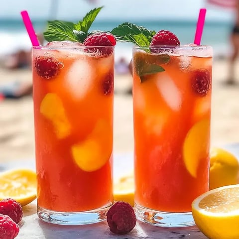 Two glasses of Raspberry Peach Lemonade on a table.