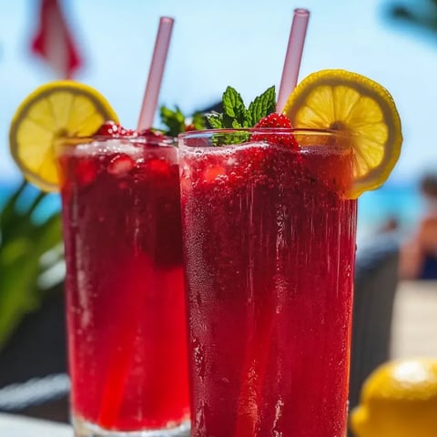 Two glasses of strawberry lemonade with lemon slices.