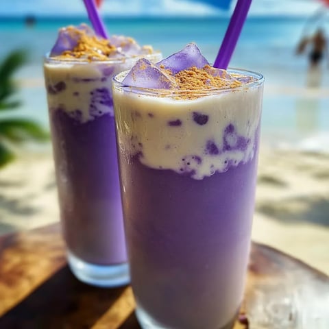 Two glasses of purple drink with straws.