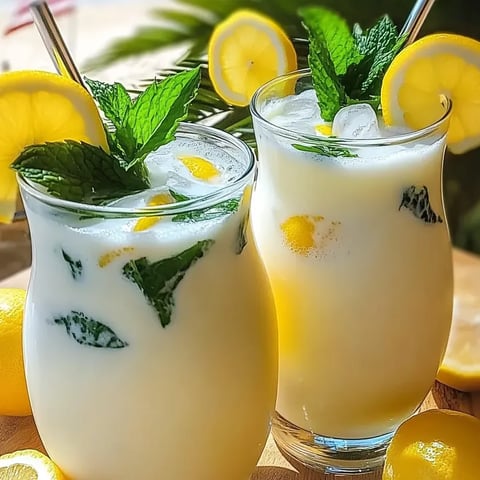 A pair of frosty glasses filled with creamy condensed lemon drink and coiled lemon garnish.