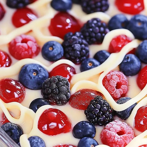 A close up of a dessert with berries and cream.