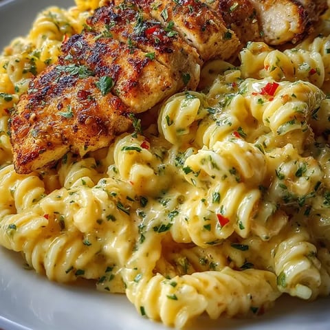 Pasta and chicken chunks on a plate, covered in creamy cheese sauce.