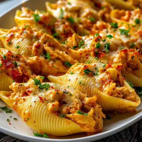 A plate stacked with Cajun chicken stuffed shells in creamy sauce.