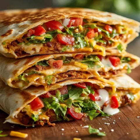 There are three stacked homemade Crunchwrap Supremes in the photo.