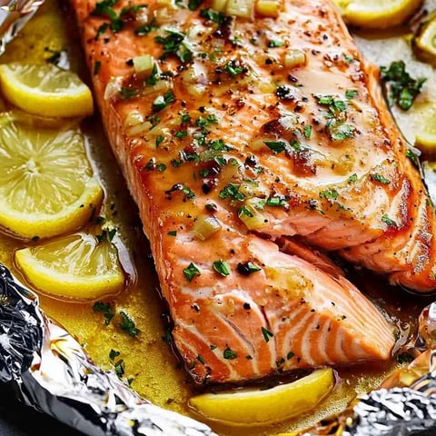 Salmon topped with lemon slices sitting on foil.