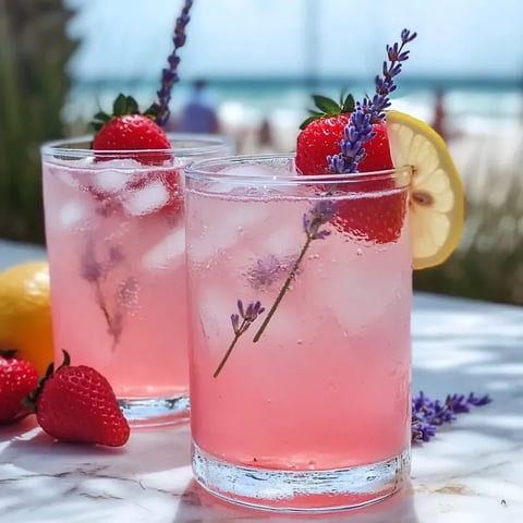 Two glasses filled with vibrant pink lavender lemonade.