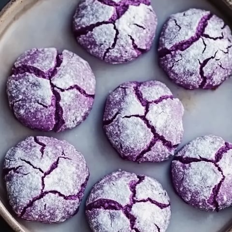 Cracked purple cookies dusted with white sugar.