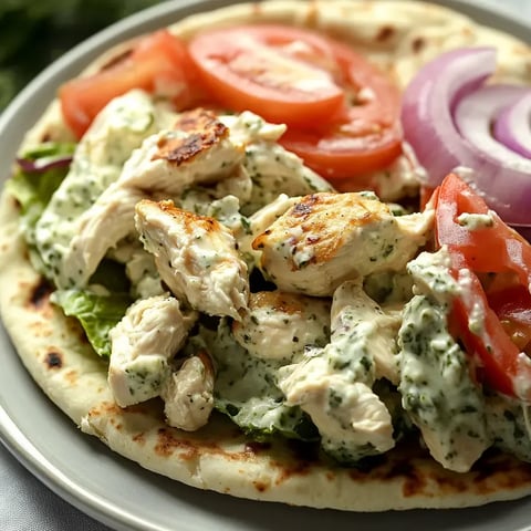 Chicken salad stacked with tomatoes, onions, and leafy greens on a plate.