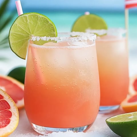 Two glasses of Palomas garnished with lime and grapefruit.