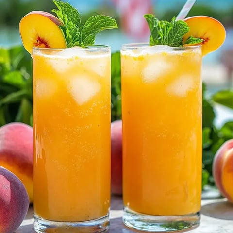 Glasses filled with peach lemonade and sprigs of mint on top.