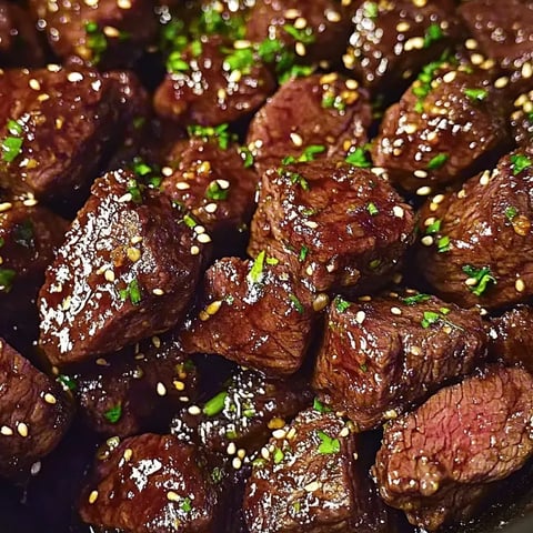 Sticky steak bites sprinkled with green herbs.
