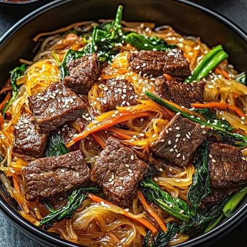 A bowl packed with Japchae noodles, veggies, and beef.