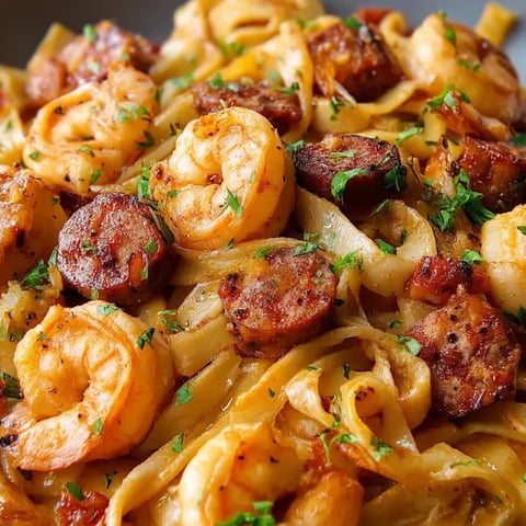 A plate loaded with creamy Jamaican shrimp pasta sitting on a table.