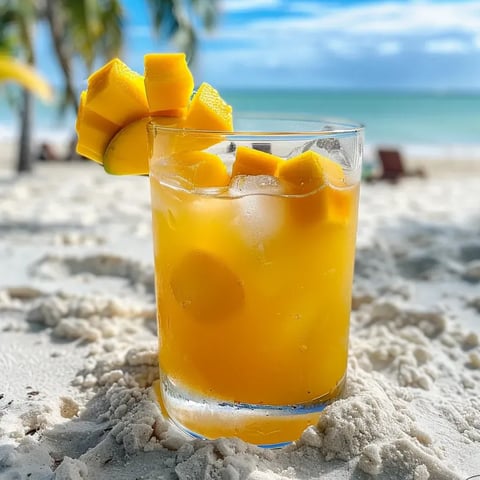 A glass of mango lemonade on a beach.