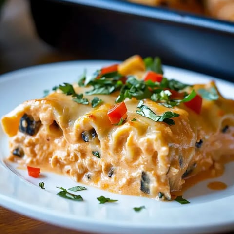 A plate with rolled-up lasagna pasta filled with Southwest-style chicken.