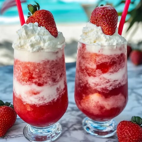 Two glasses filled with creamy strawberry daiquiris on a table.