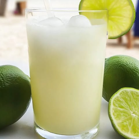 Glass of Brazilian-style creamy limeade sitting next to fresh limes.