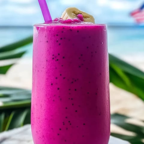 A pink smoothie with a purple straw.