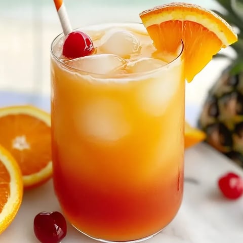 A tall glass filled with a vibrant, layered sunrise mocktail.