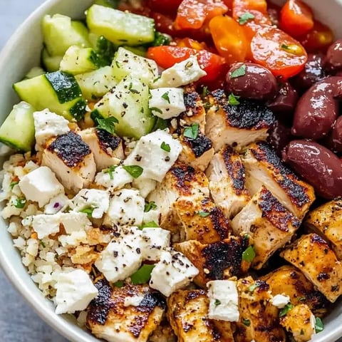 Bowl filled with chicken, cucumber, tomatoes, and olives ready to eat.
