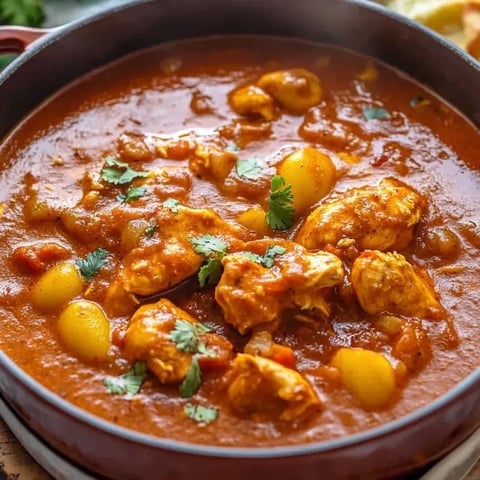 Hot bowl of Moroccan chicken stew with spices.