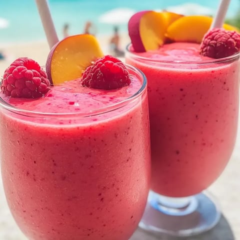 Two cups filled with creamy raspberry peach smoothie goodness.