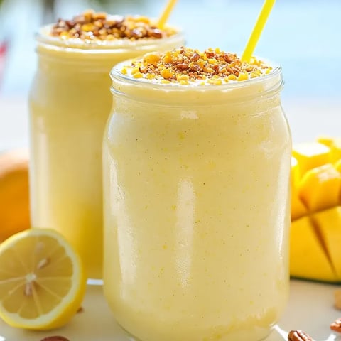 Two glasses filled with lemony cheesecake smoothie.