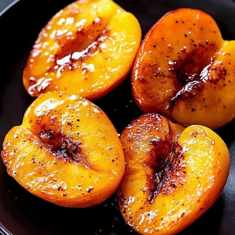 Sliced caramelized peaches served on a dark plate.