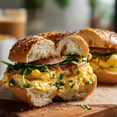 A breakfast sandwich with egg and bacon on a wooden board.