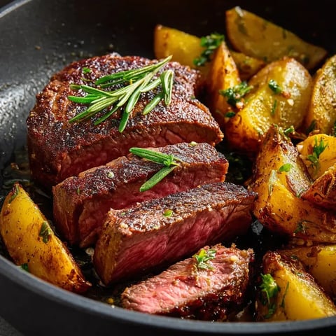 A bowl filled with potatoes and steak.