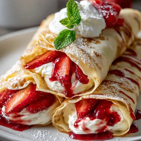 Big plate stacked with crepes, whipped cream, and fresh strawberries.