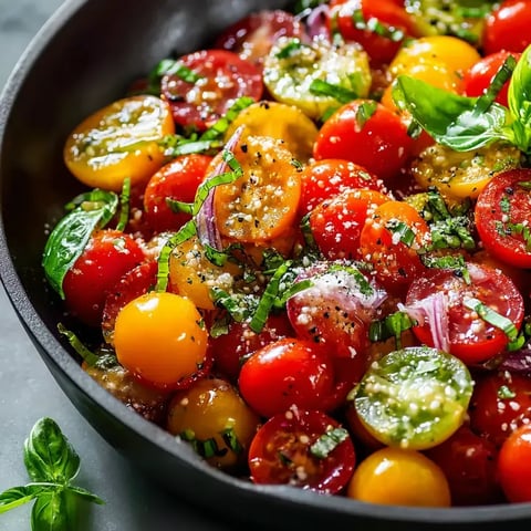 Big bowl packed with tomatoes, red onions, and fresh basil leaves.