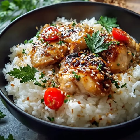 A bowl filled with rice, chicken, and tomatoes.
