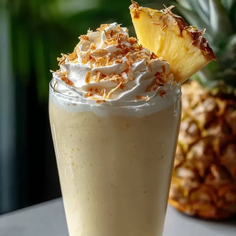 A glass filled with pineapple shake and a pineapple slice perched on the edge.