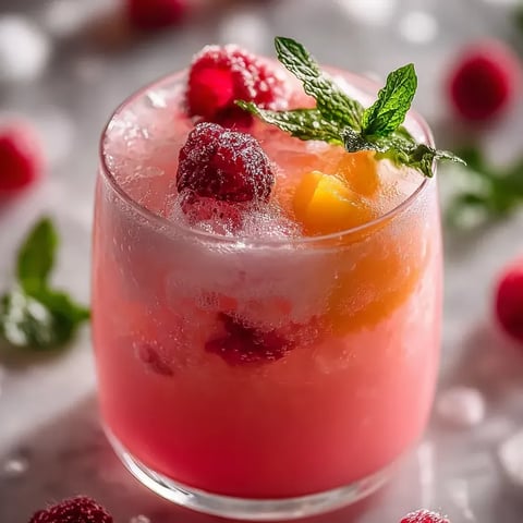 A glass filled with a pink drink, topped with fresh mint.
