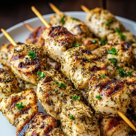 Chicken skewers stacked on a plate with fresh green herbs sprinkled on top.