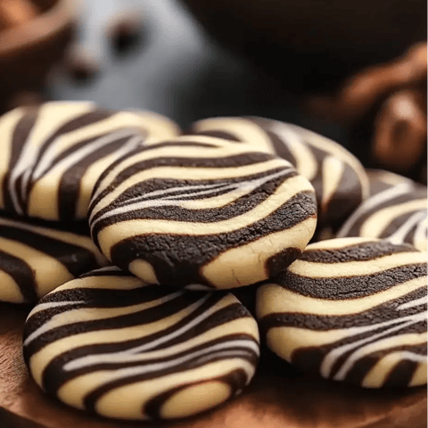 A plate of chocolate and white cookies.