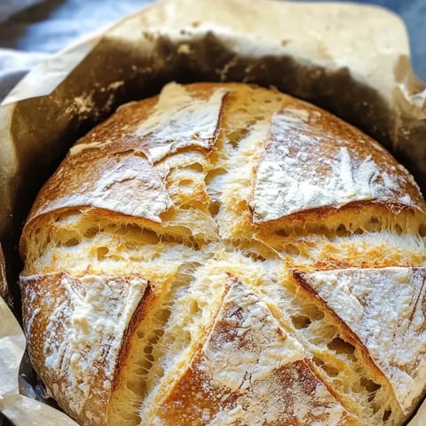 A round baked loaf with a dusting of flour.