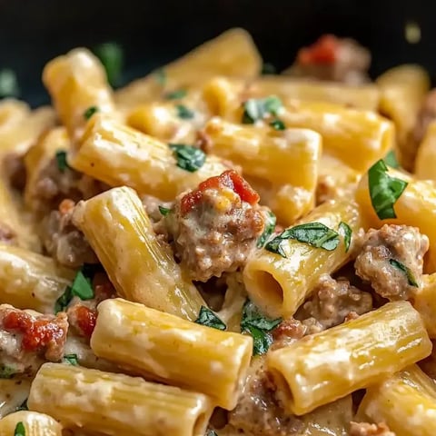 Pasta loaded with sausage and veggies in a bowl.