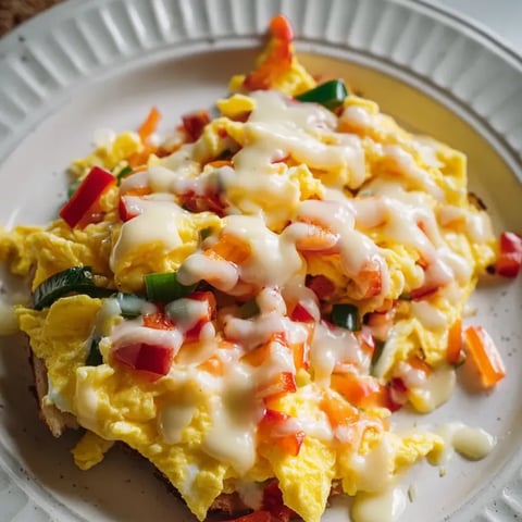 A meal on a plate with eggs and veggies piled on top.