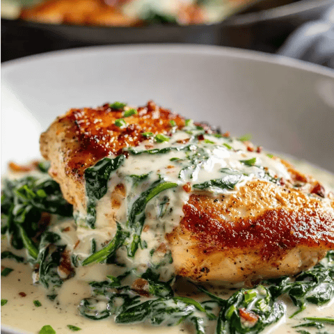 Chicken with creamy greens on a white plate.
