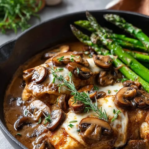 A skillet filled with mushrooms, asparagus and chicken.