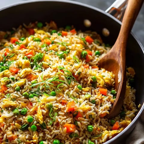 Rice with peas and carrots sitting in a pan.