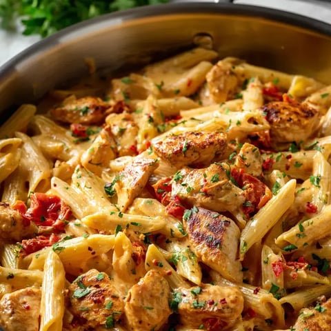 A bowl filled with pasta, chicken, and red peppers.
