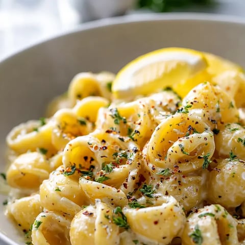 Bowlful of pasta with lemon wedge perched on top.